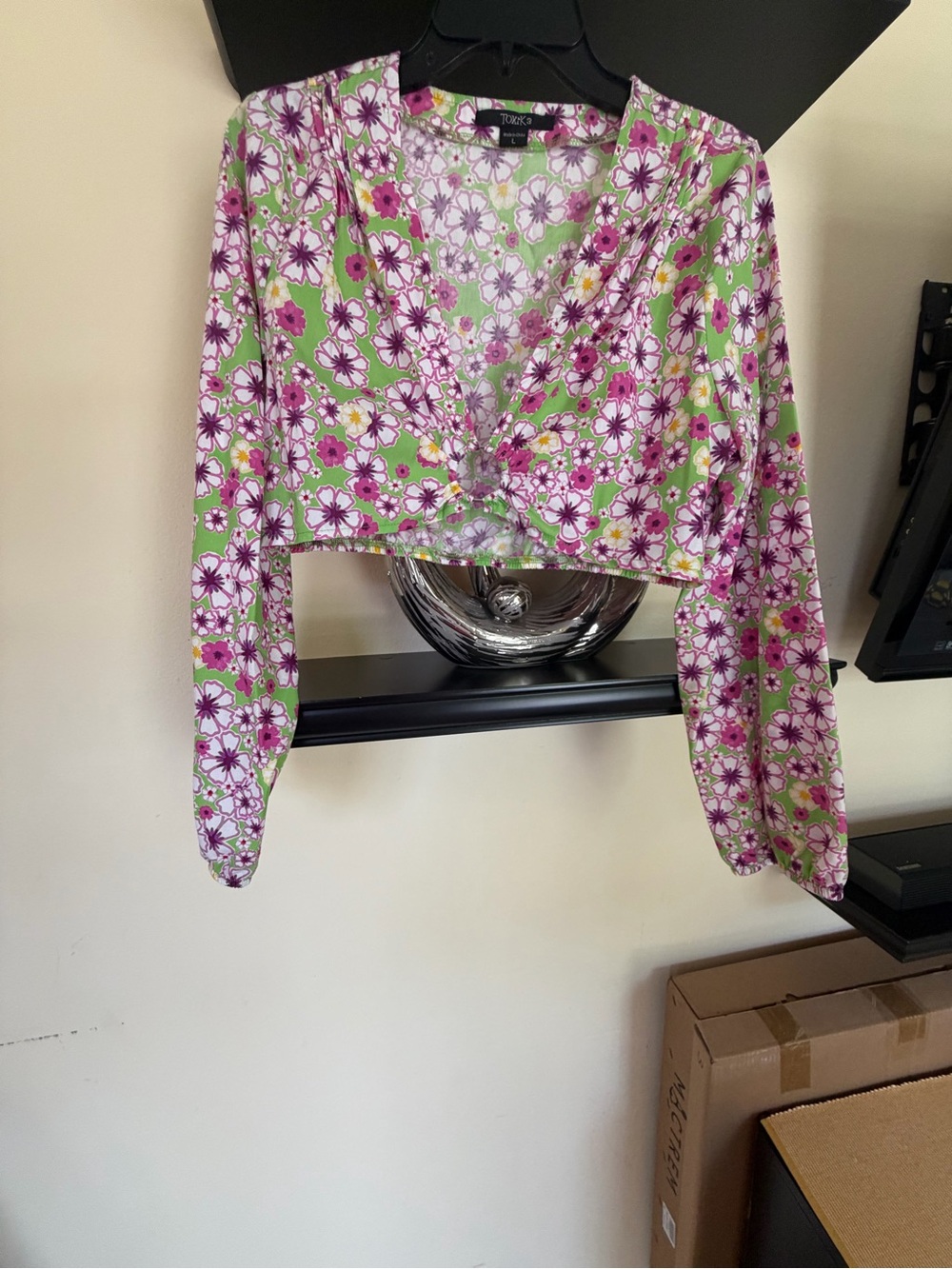 Floral Tie-Front Crop Top in Green with Pink & White Flowers